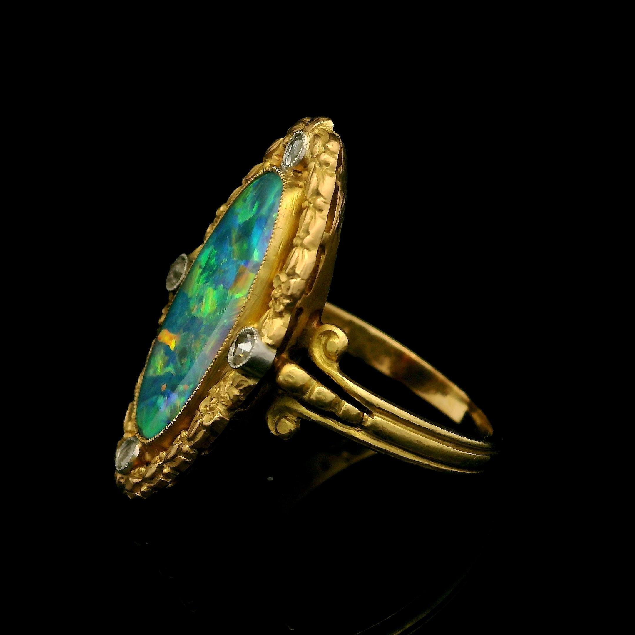 Cabochon French Antique Art Nouveau Gold GIA Black Opal & Diamond Repousse Navette Ring For Sale