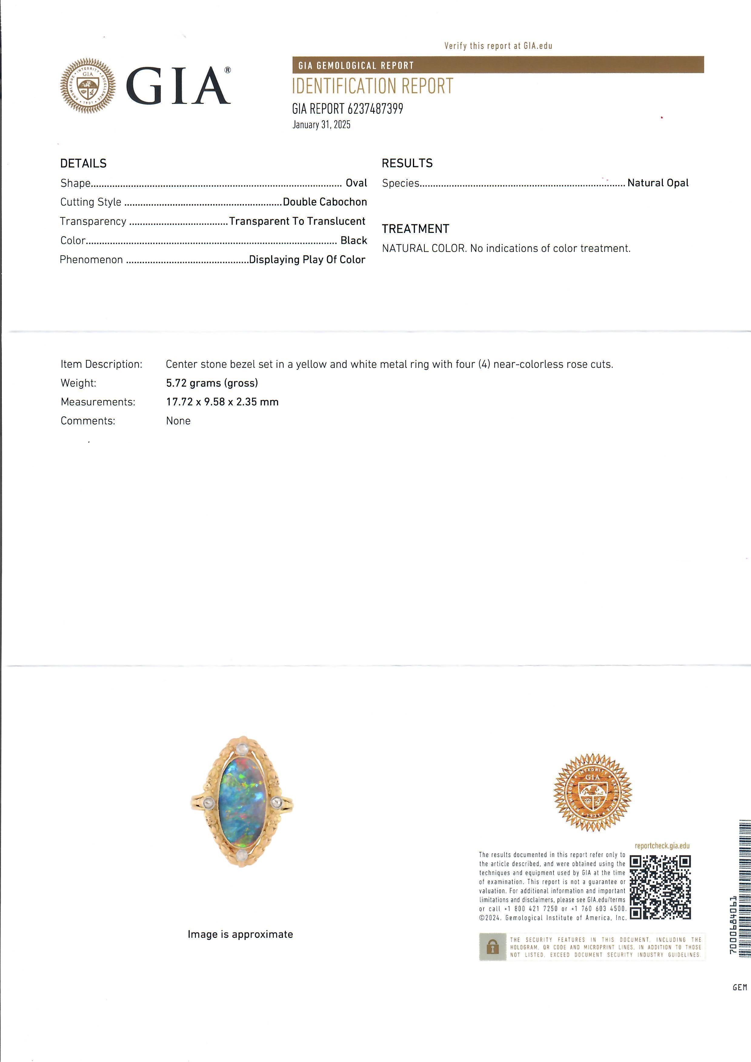 French Antique Art Nouveau Gold GIA Black Opal & Diamond Repousse Navette Ring In Good Condition For Sale In Montclair, NJ