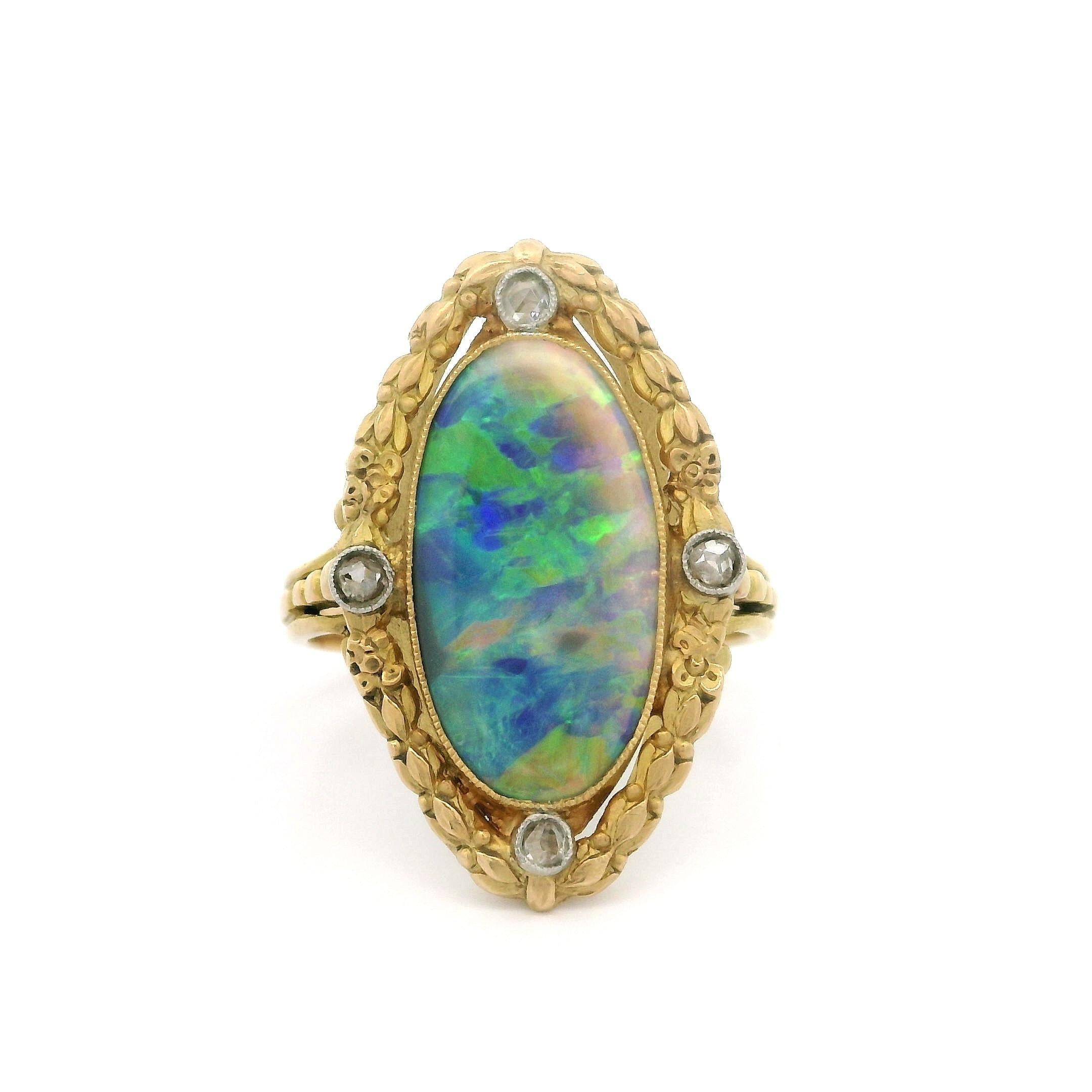 Women's French Antique Art Nouveau Gold GIA Black Opal & Diamond Repousse Navette Ring For Sale