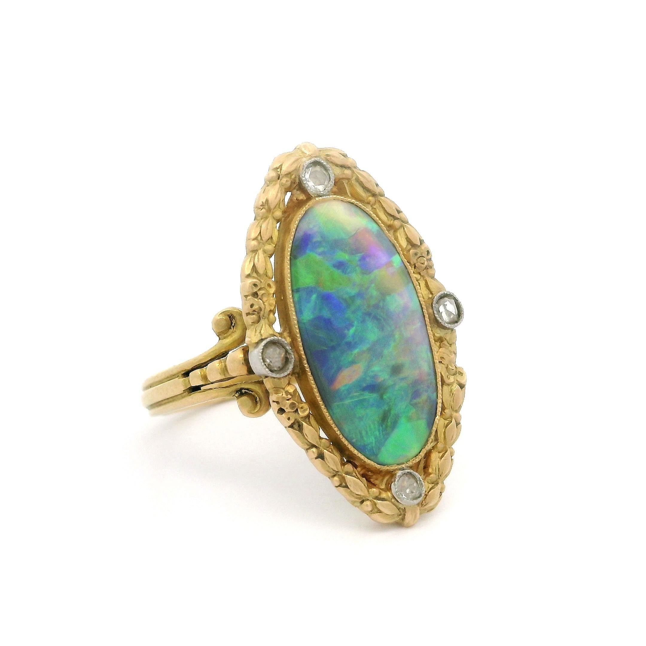 French Antique Art Nouveau Gold GIA Black Opal & Diamond Repousse Navette Ring For Sale 1