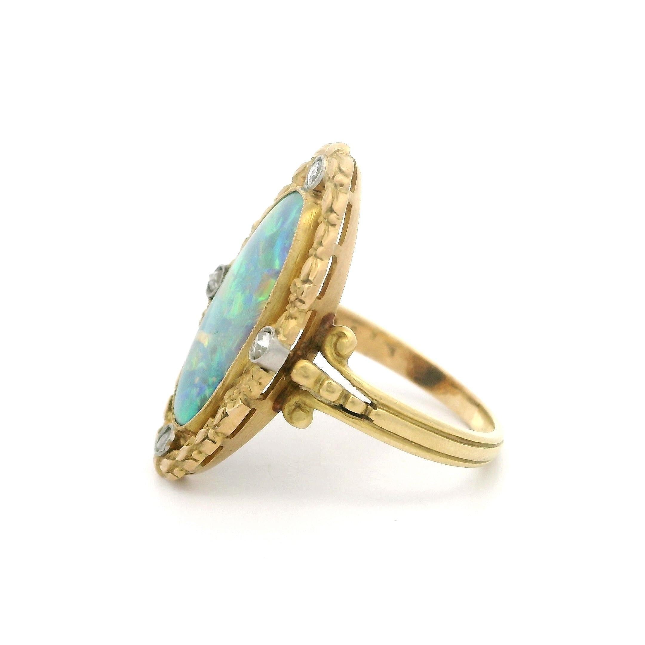 French Antique Art Nouveau Gold GIA Black Opal & Diamond Repousse Navette Ring For Sale 2