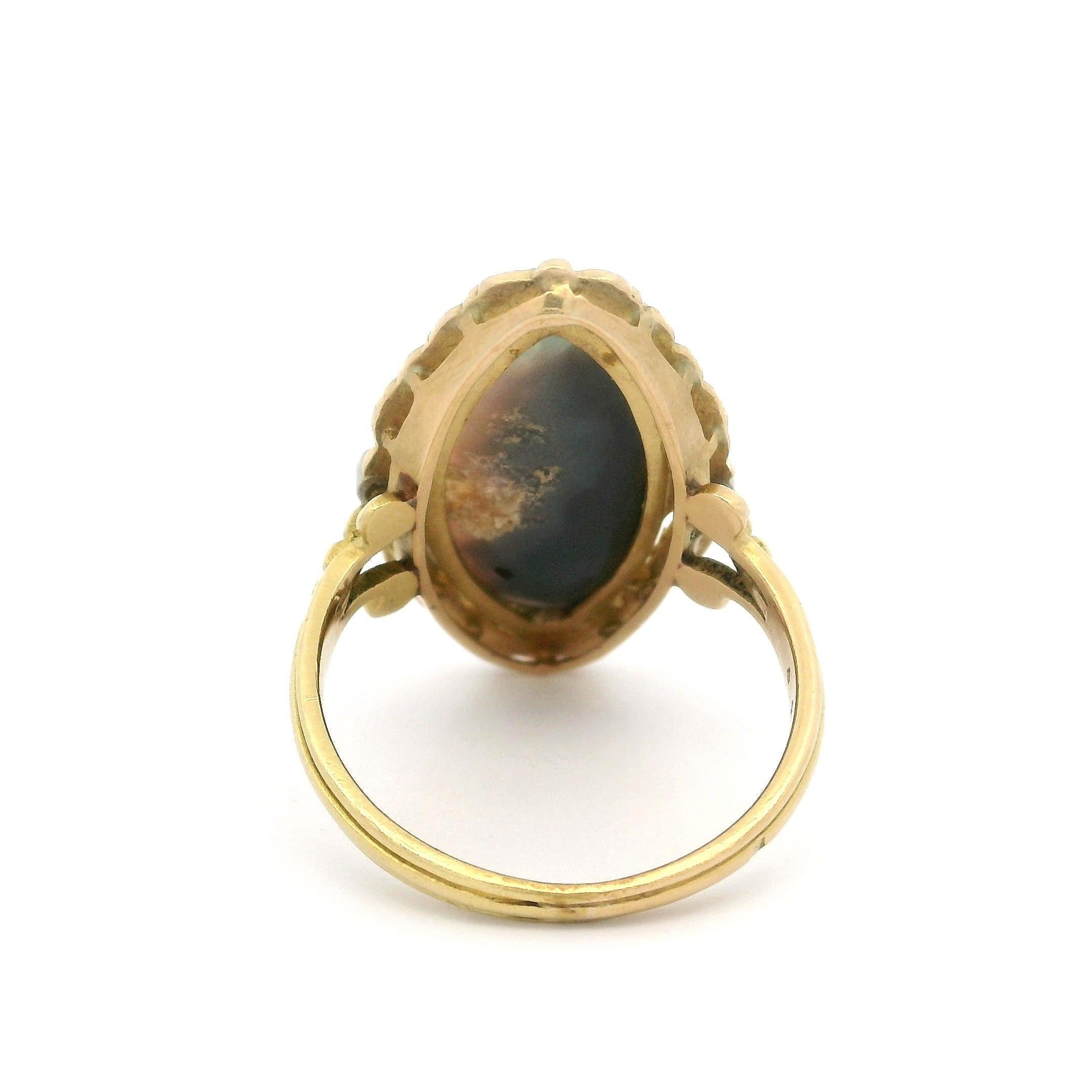 French Antique Art Nouveau Gold GIA Black Opal & Diamond Repousse Navette Ring For Sale 3