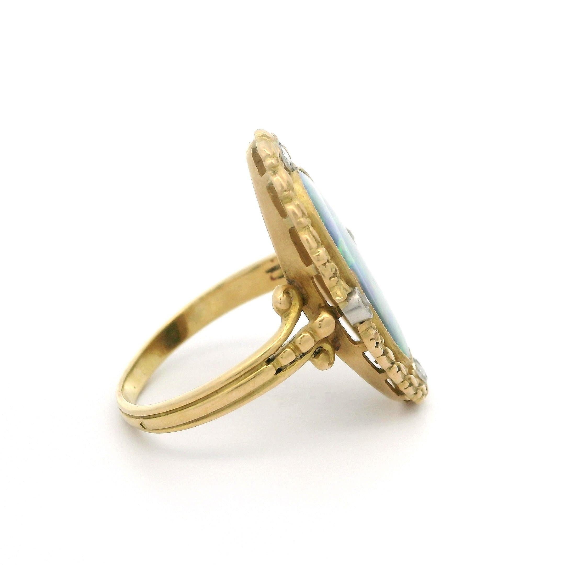 French Antique Art Nouveau Gold GIA Black Opal & Diamond Repousse Navette Ring For Sale 4