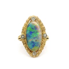 French Antique Art Nouveau Gold GIA Black Opal & Diamond Repousse Navette Ring