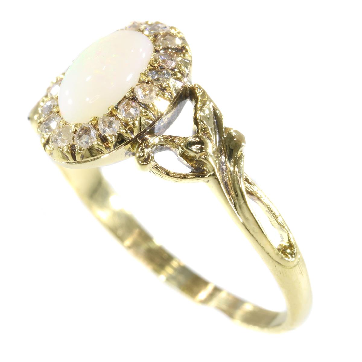 Women's French Antique Art Nouveau Gold Ring with Diamonds and Opal
