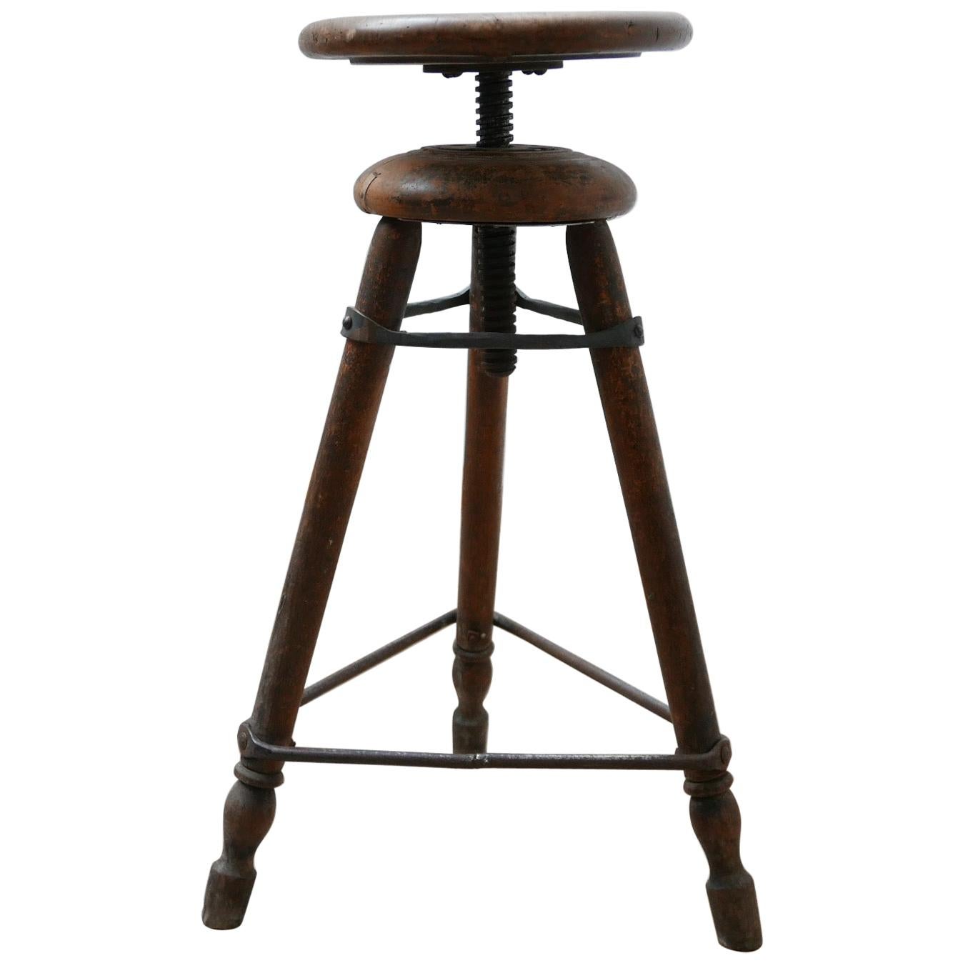 French Antique Artist Wooden Adjustable Stool