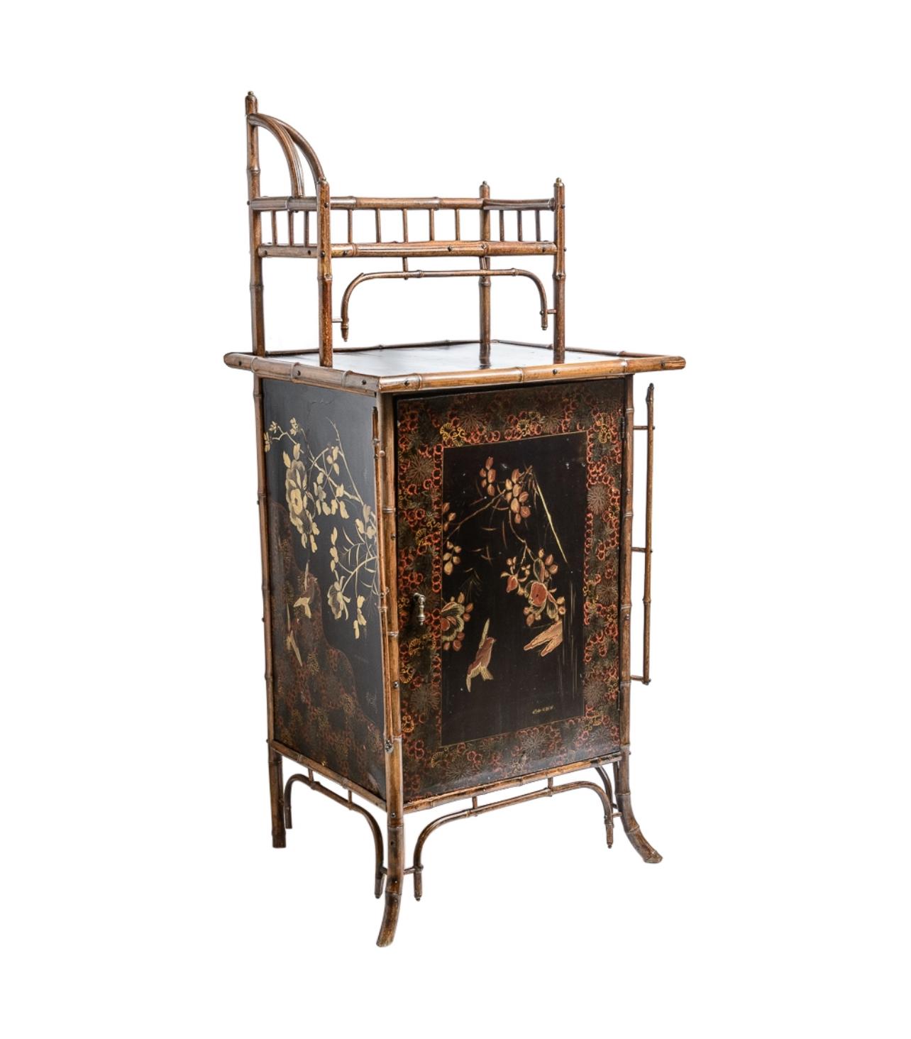 This a wonderful example of French Art[Nouveau furniture.
This French Antique Bamboo & Lacquer Cabinet is Attributed to Perret Vibert, the famous cabinetmaker from the Art Nouveau period. C.1890-1900.
This cabinet is also Calle a music cabinet as it