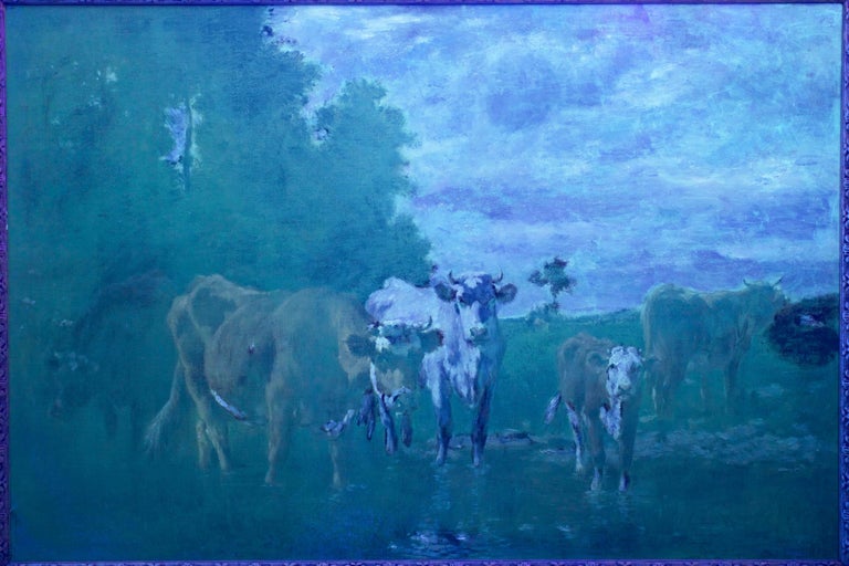 French Antique Barbizon Landscape Painting of Cattle by Emile van Marcke For Sale 4