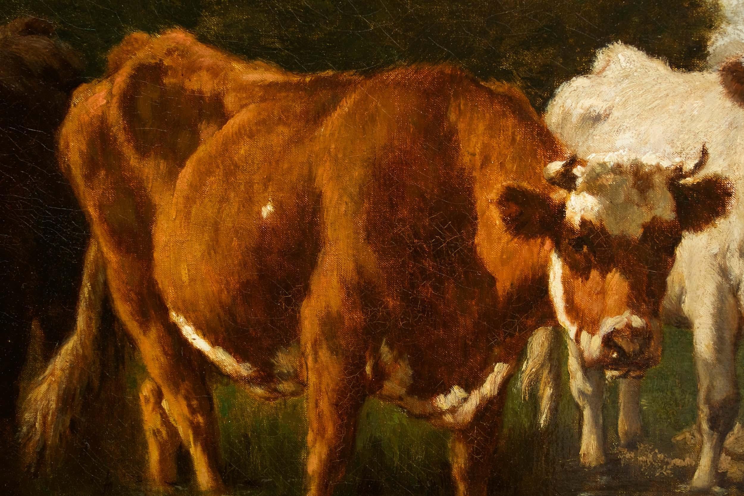 French Antique Barbizon Landscape Painting of Cattle by Emile van Marcke 8
