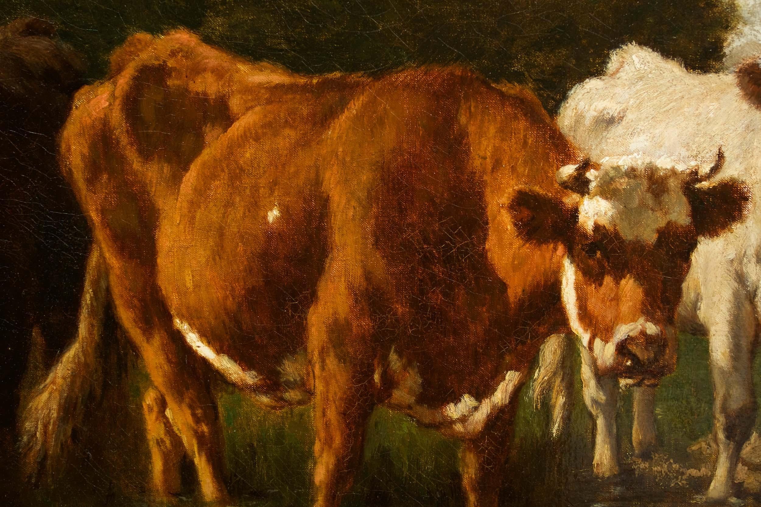 French Antique Barbizon Landscape Painting of Cattle by Emile van Marcke 7