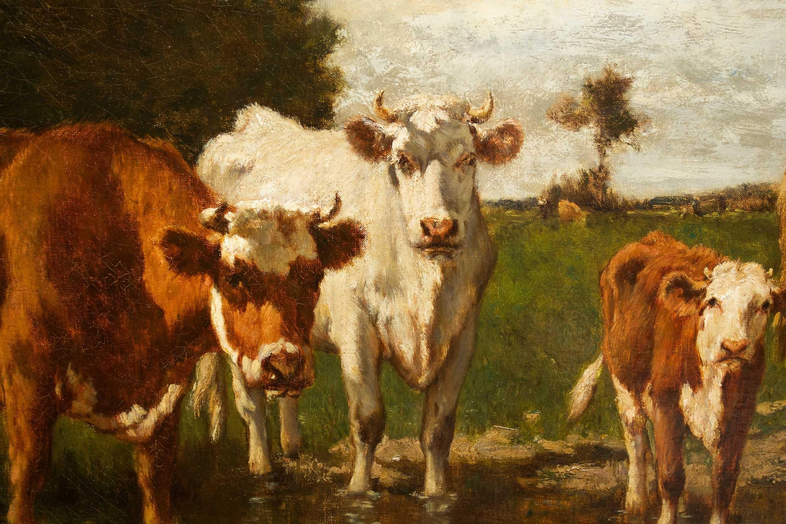 French Antique Barbizon Landscape Painting of Cattle by Emile van Marcke 9