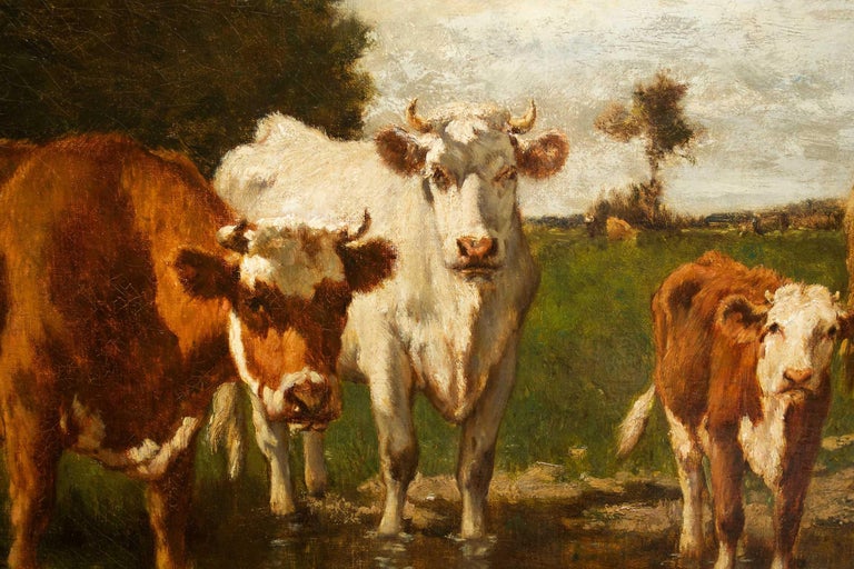 French Antique Barbizon Landscape Painting of Cattle by Emile van Marcke For Sale 9