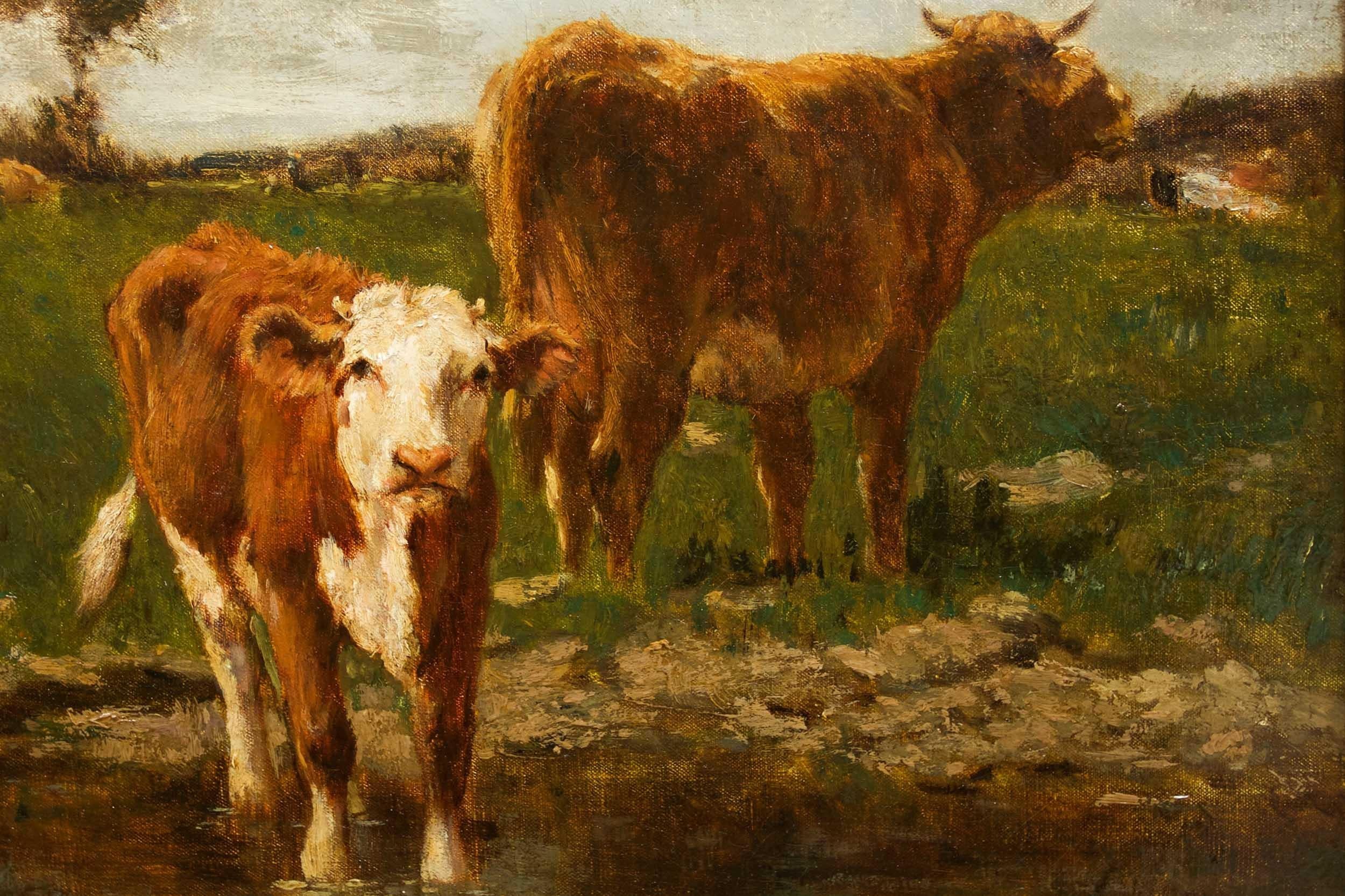 French Antique Barbizon Landscape Painting of Cattle by Emile van Marcke 10