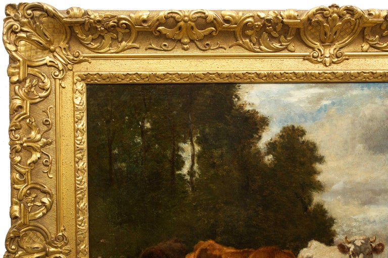 French Antique Barbizon Landscape Painting of Cattle by Emile van Marcke For Sale 11