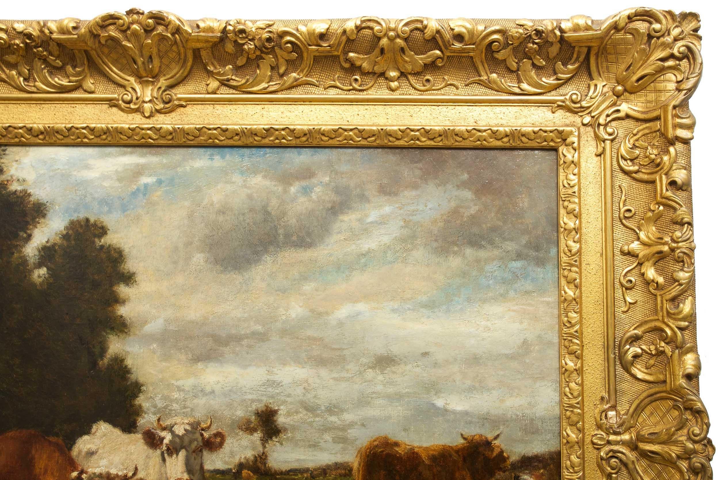 French Antique Barbizon Landscape Painting of Cattle by Emile van Marcke 12