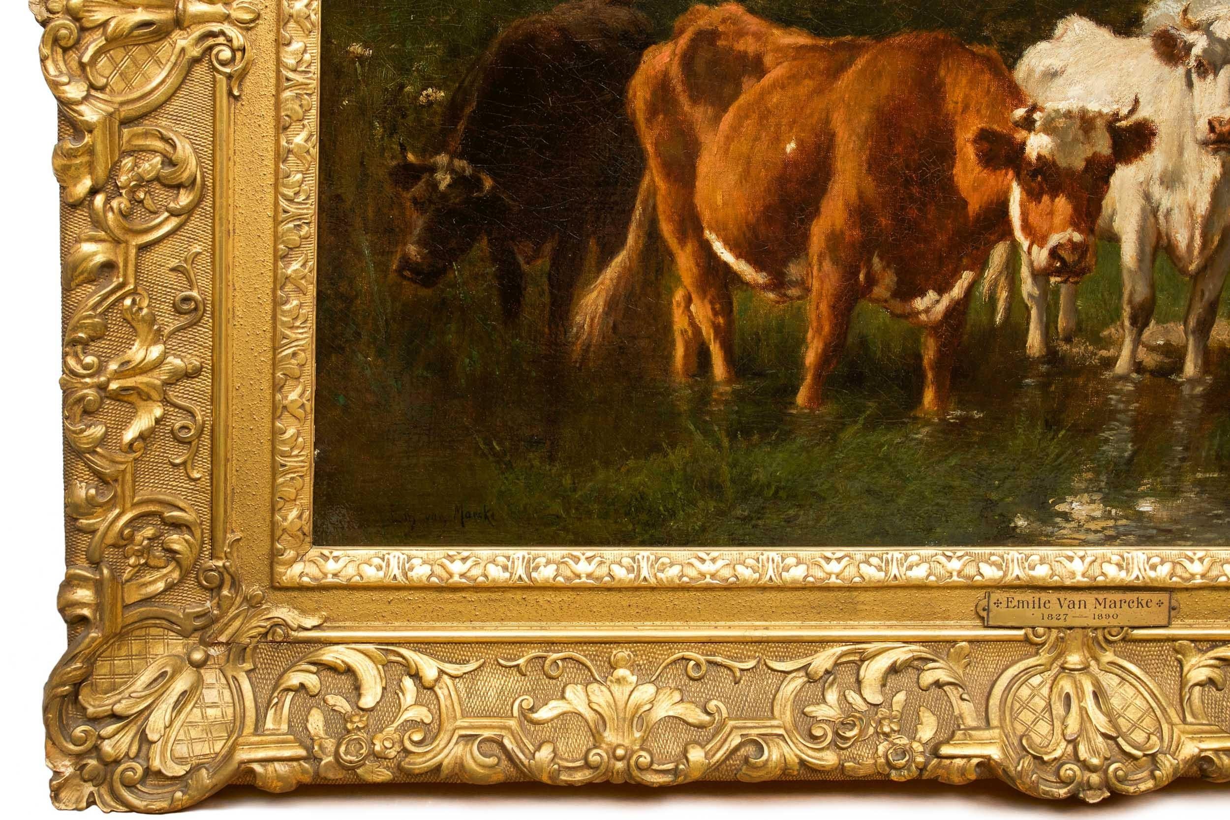French Antique Barbizon Landscape Painting of Cattle by Emile van Marcke 13