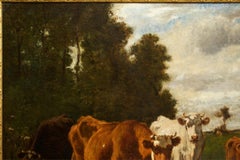 French Antique Barbizon Landscape Painting of Cattle by Emile van Marcke