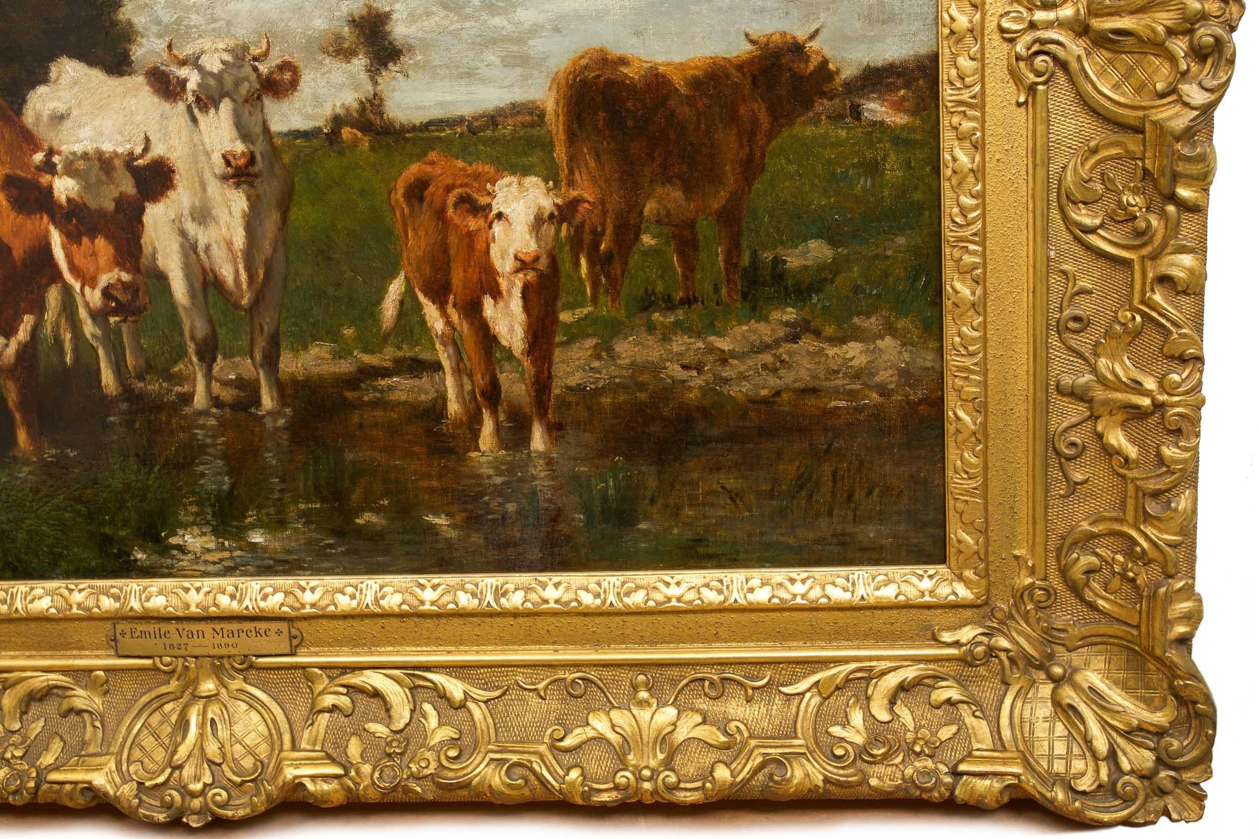 French Antique Barbizon Landscape Painting of Cattle by Emile van Marcke 14
