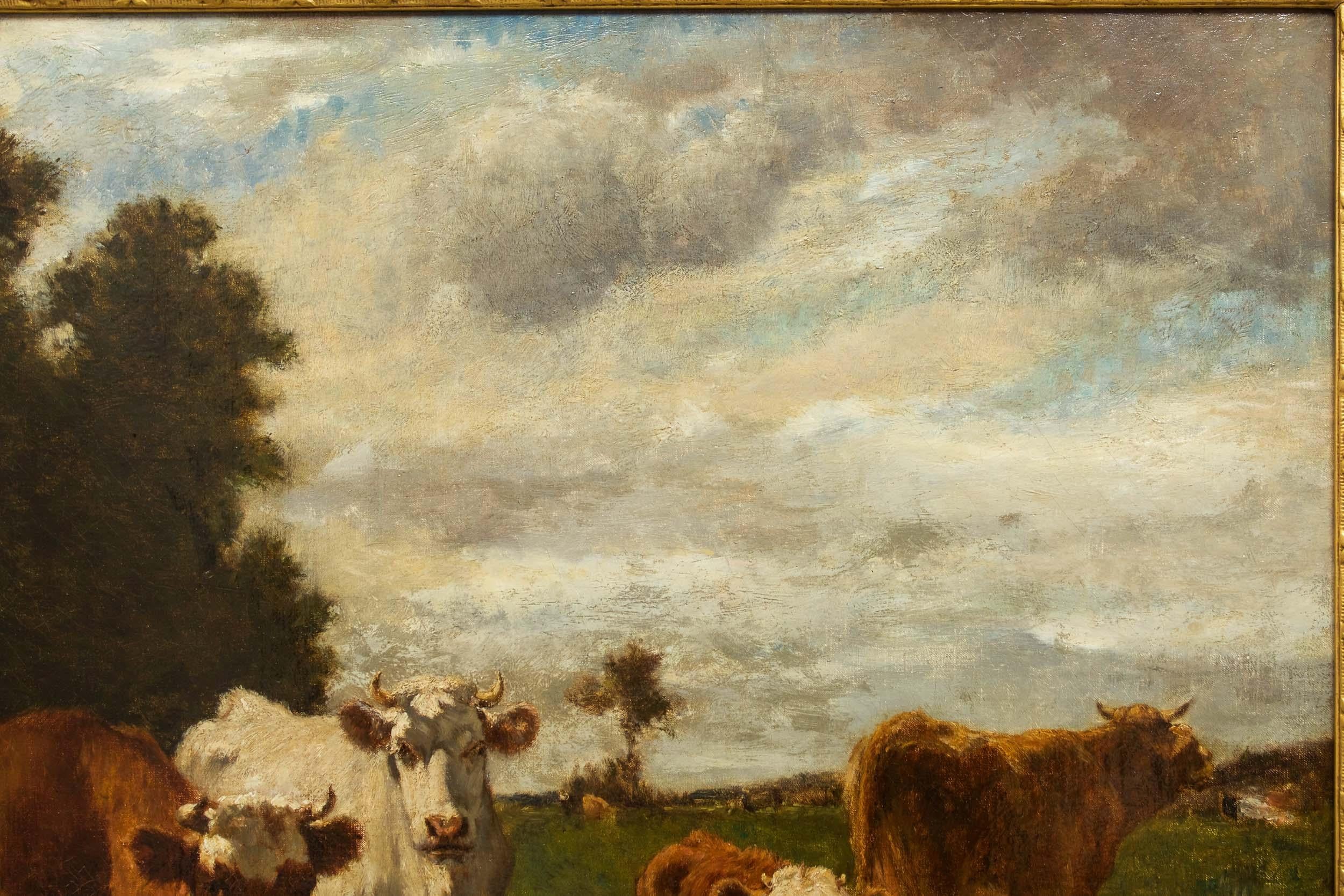 Barbizon School French Antique Barbizon Landscape Painting of Cattle by Emile van Marcke