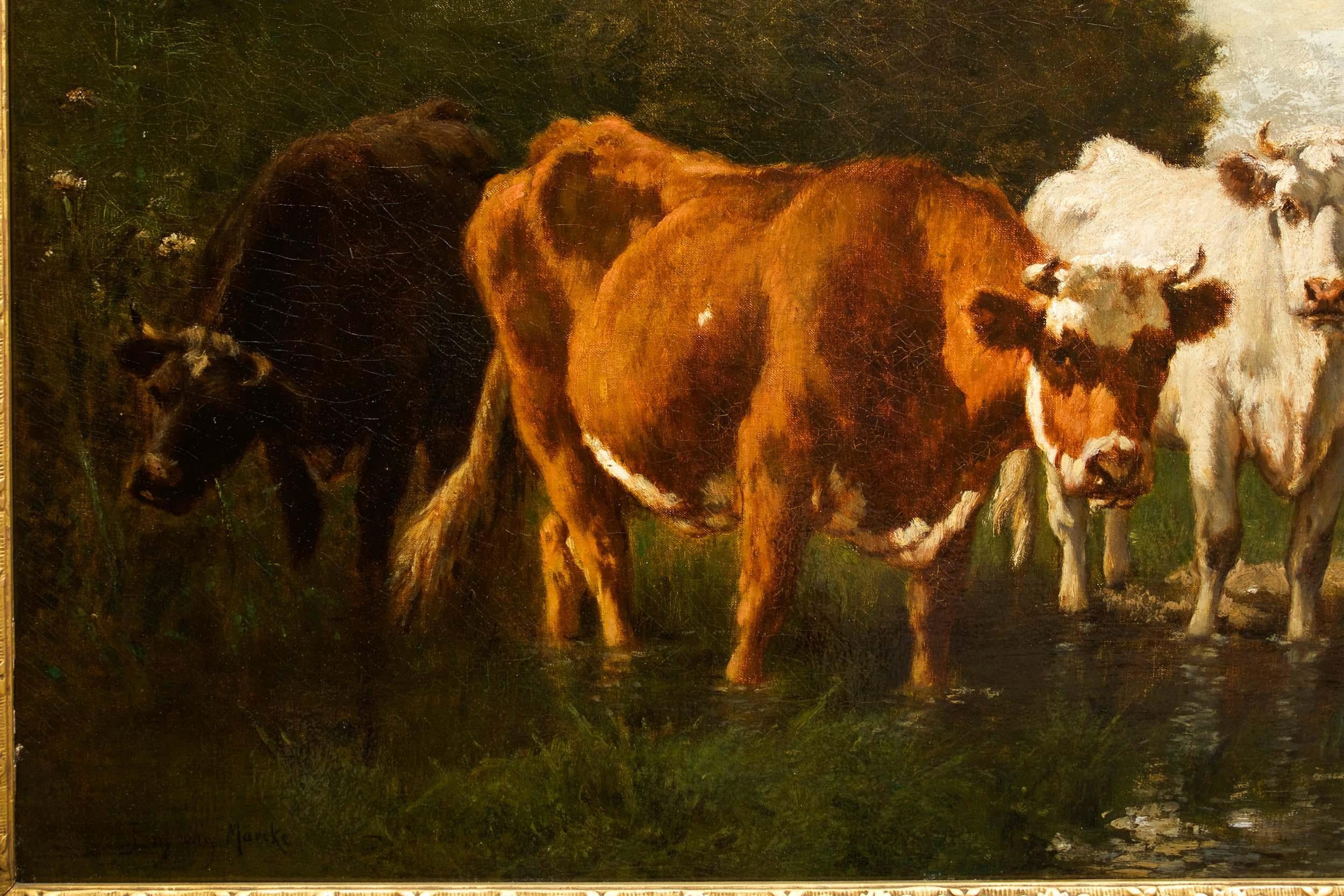 Hand-Painted French Antique Barbizon Landscape Painting of Cattle by Emile van Marcke