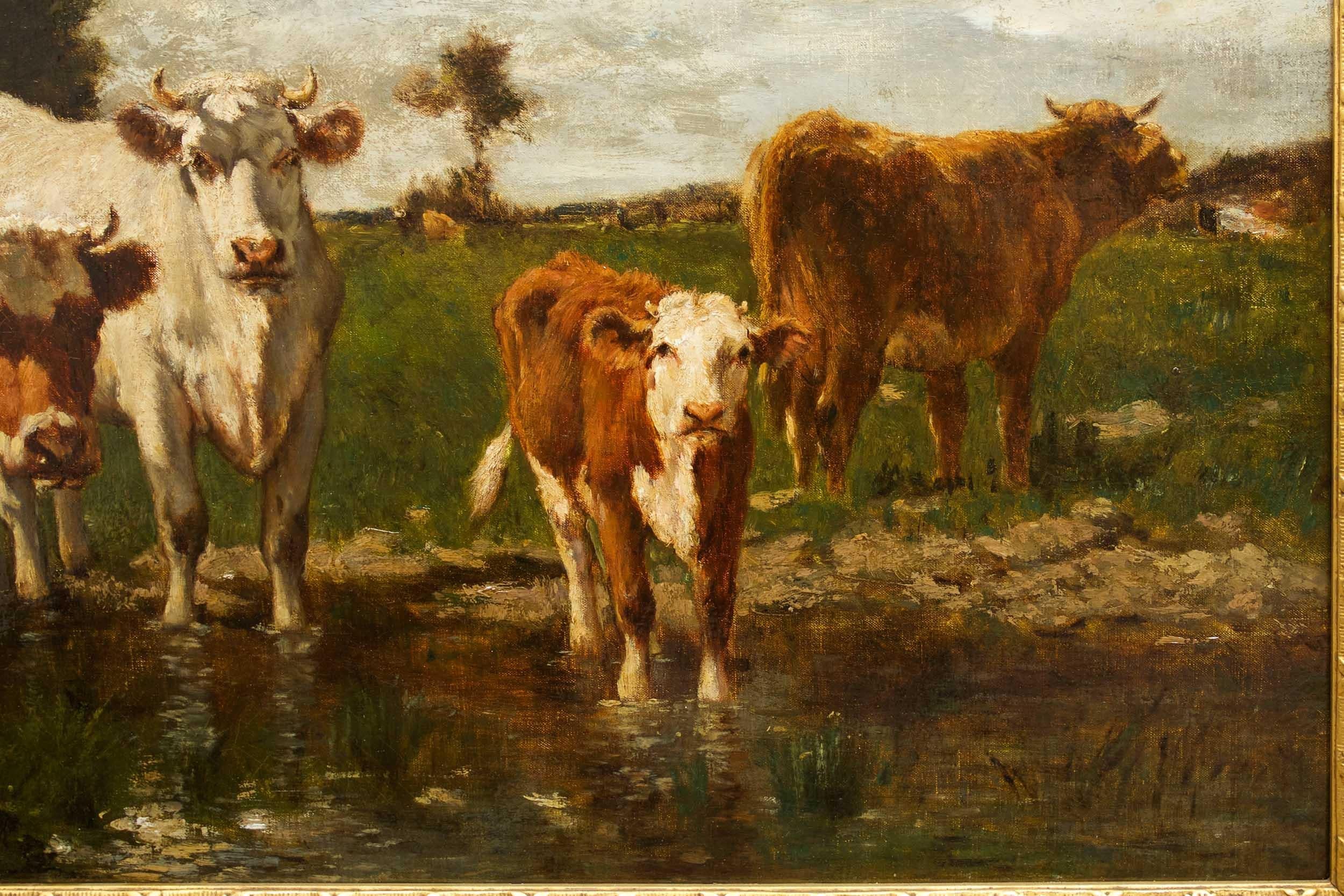 French Antique Barbizon Landscape Painting of Cattle by Emile van Marcke In Good Condition In Shippensburg, PA