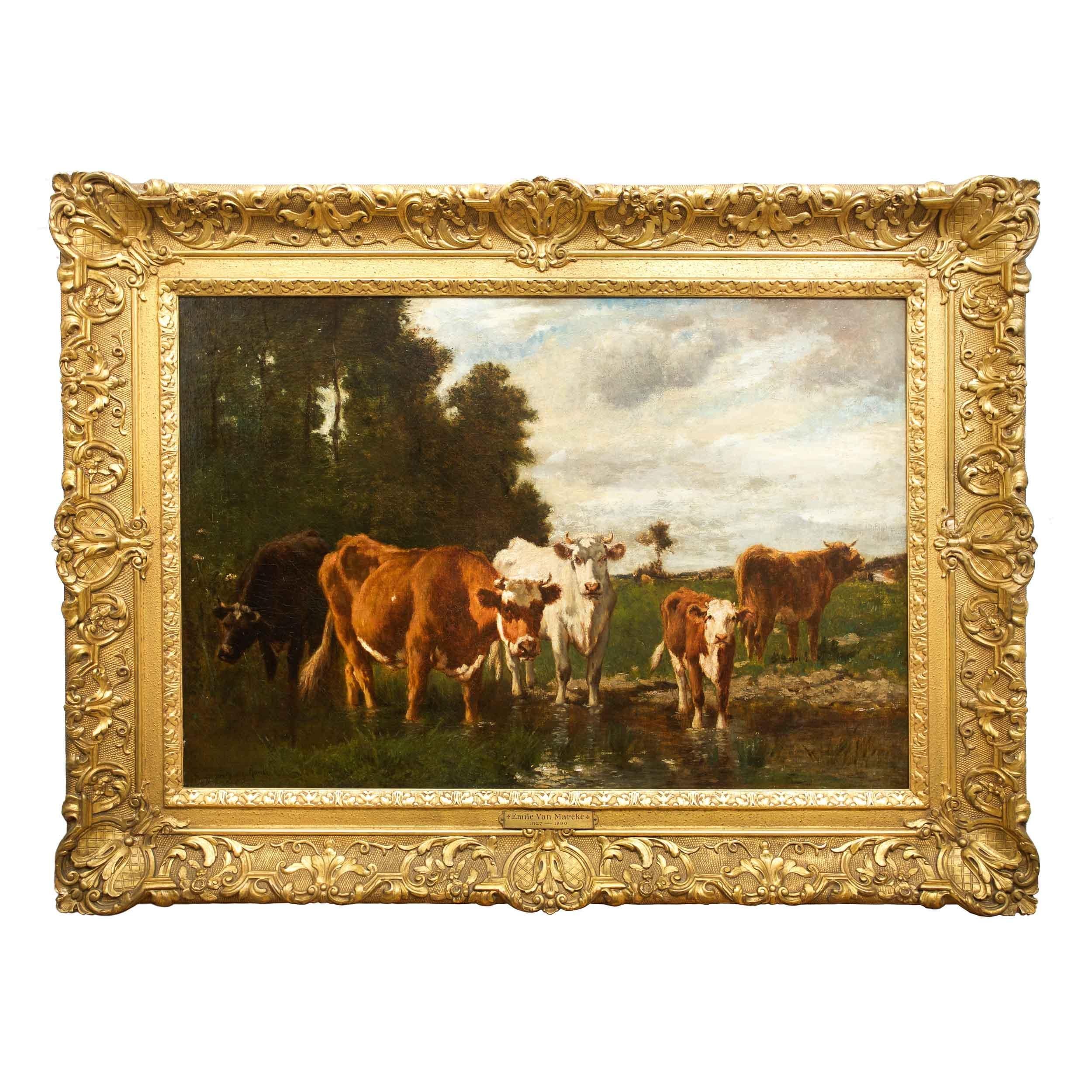 19th Century French Antique Barbizon Landscape Painting of Cattle by Emile van Marcke