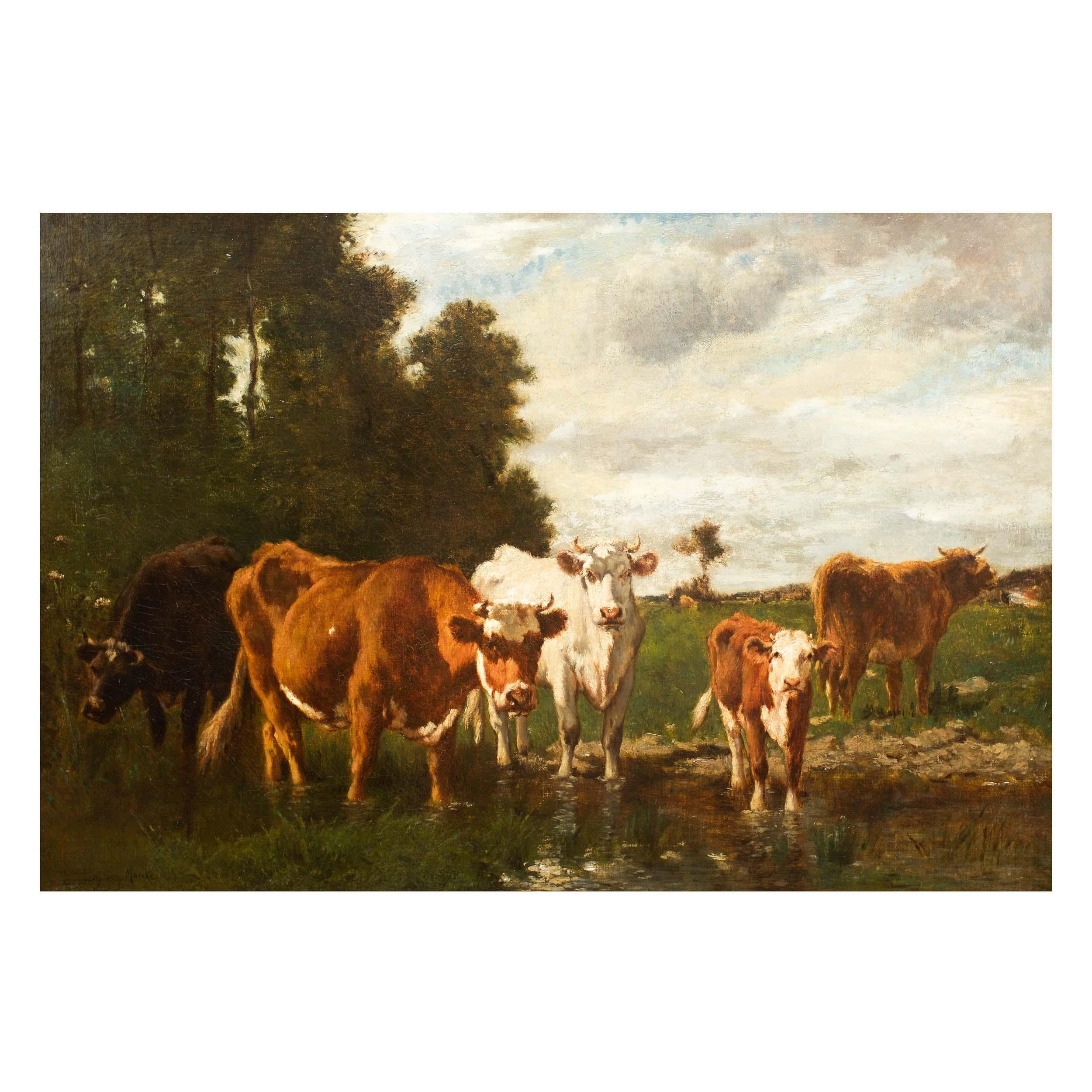 French Antique Barbizon Landscape Painting of Cattle by Emile van Marcke
