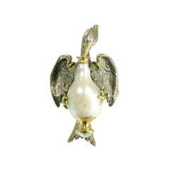 French Antique Baroque Pearl Silver 18 Karat Yellow Gold Aesop Fable Stork Ring