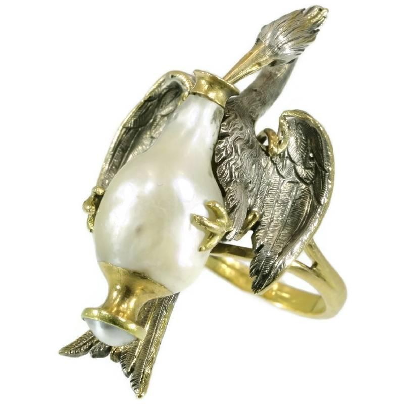 Victorian French Antique Baroque Pearl Silver 18 Karat Yellow Gold Aesop Fable Stork Ring For Sale