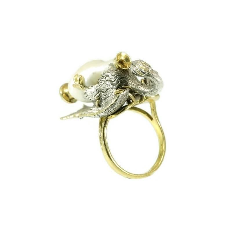 Women's or Men's French Antique Baroque Pearl Silver 18 Karat Yellow Gold Aesop Fable Stork Ring For Sale