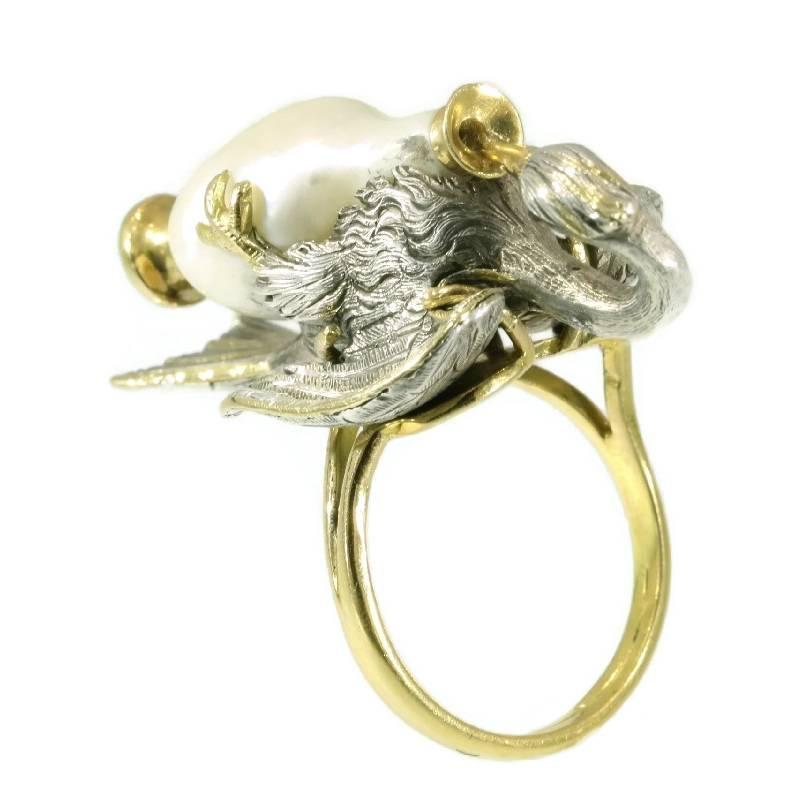 French Antique Baroque Pearl Silver 18 Karat Yellow Gold Aesop Fable Stork Ring For Sale 1