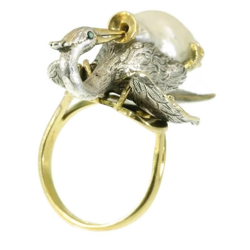 French Antique Baroque Pearl Silver 18 Karat Yellow Gold Aesop Fable Stork Ring For Sale 2