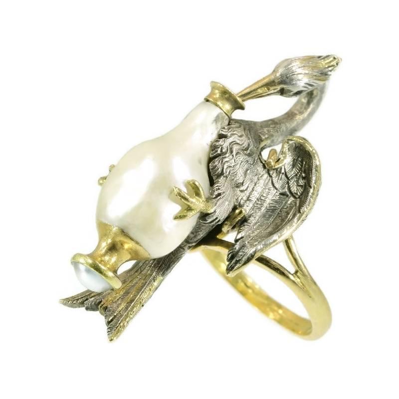 French Antique Baroque Pearl Silver 18 Karat Yellow Gold Aesop Fable Stork Ring For Sale
