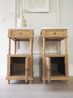 French Antique Bedside Cabinets in Oak with Marble