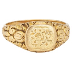 French Antique Belle Epoque Signet Ring 18k Yellow Gold Flowers Jewelry