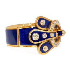 French Antique blue enamel and diamond buckle bracelet