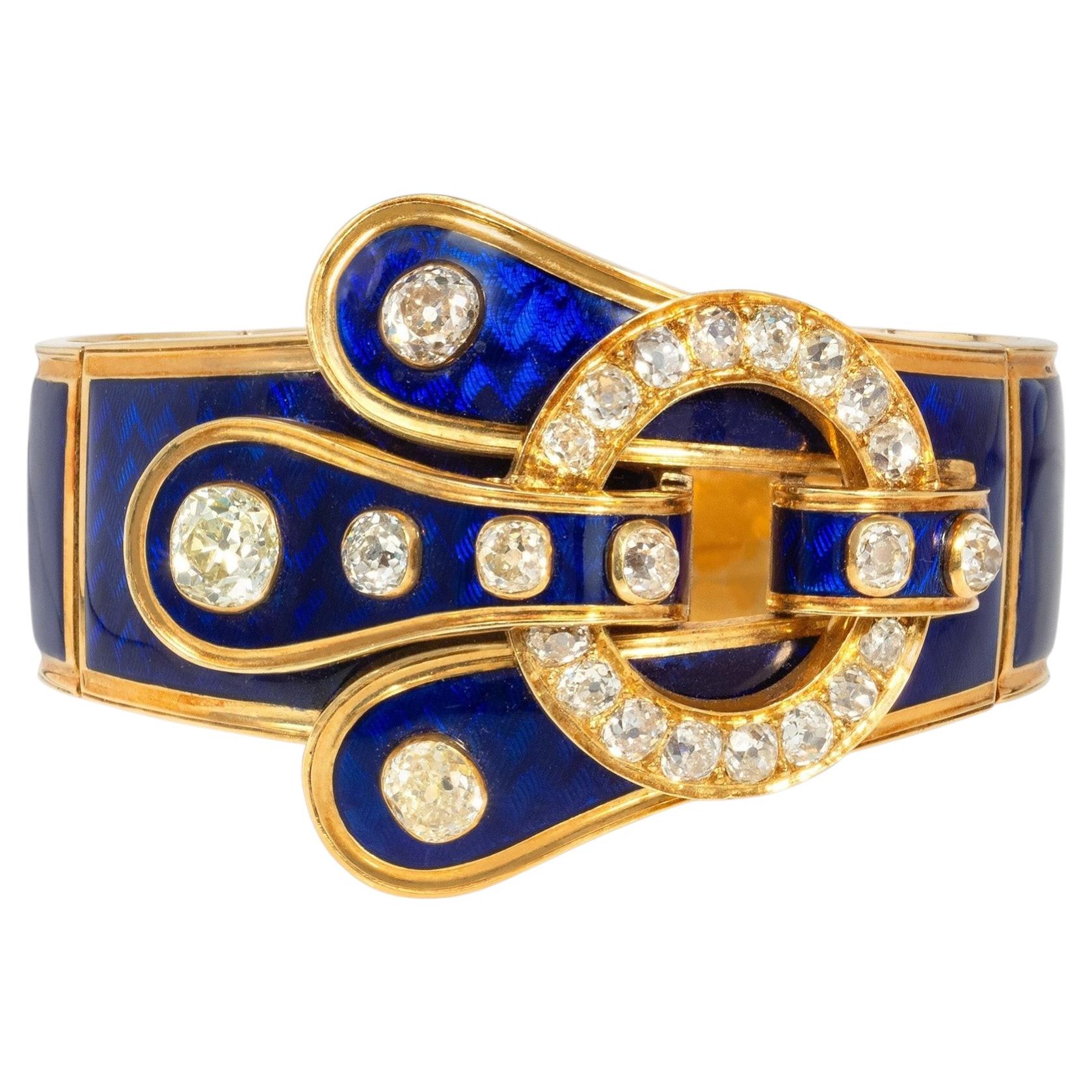 French Antique blue enamel and diamond buckle bracelet For Sale