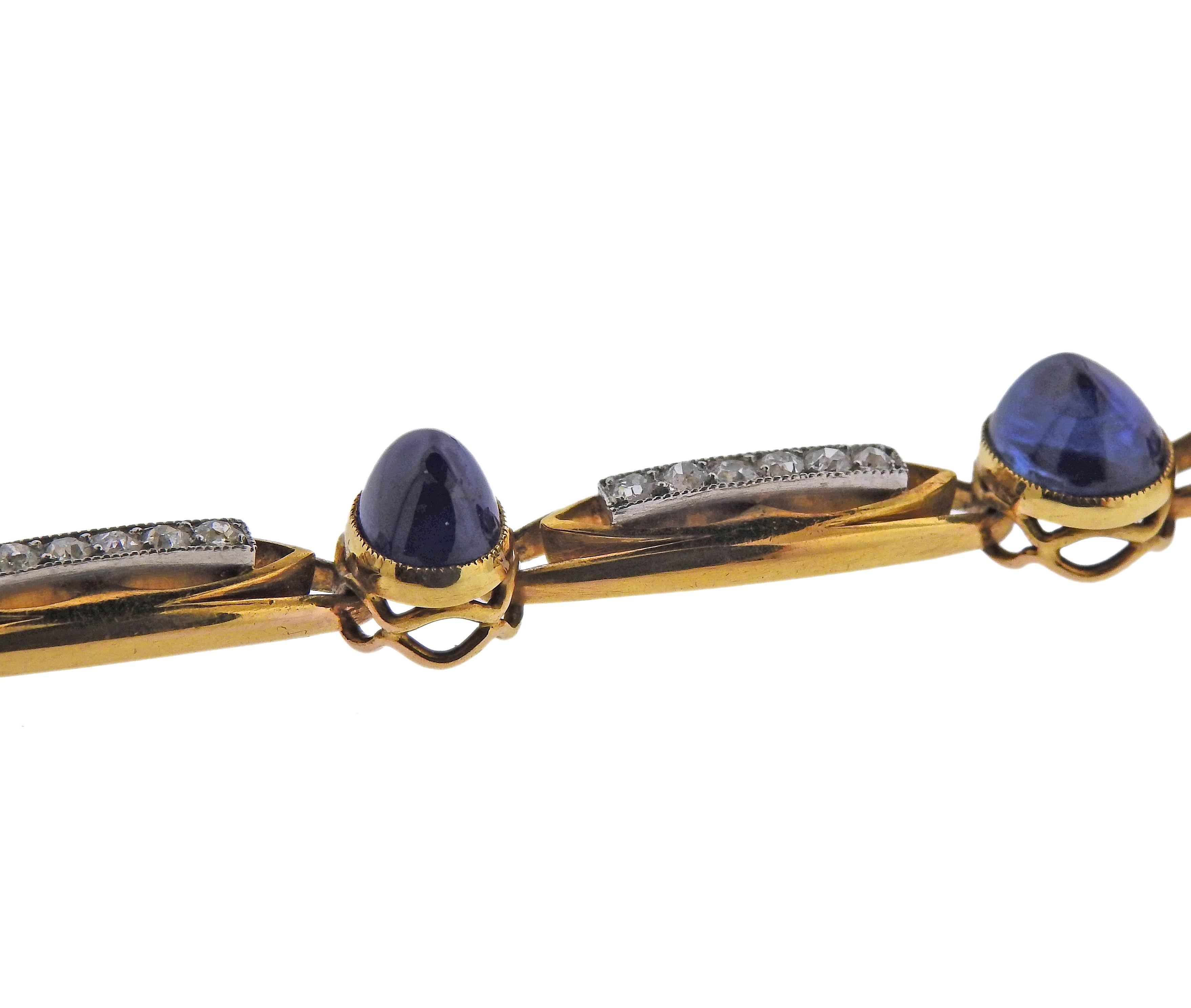 French Antique Blue Sapphire Cabochon Diamond Gold Bracelet In Excellent Condition For Sale In New York, NY