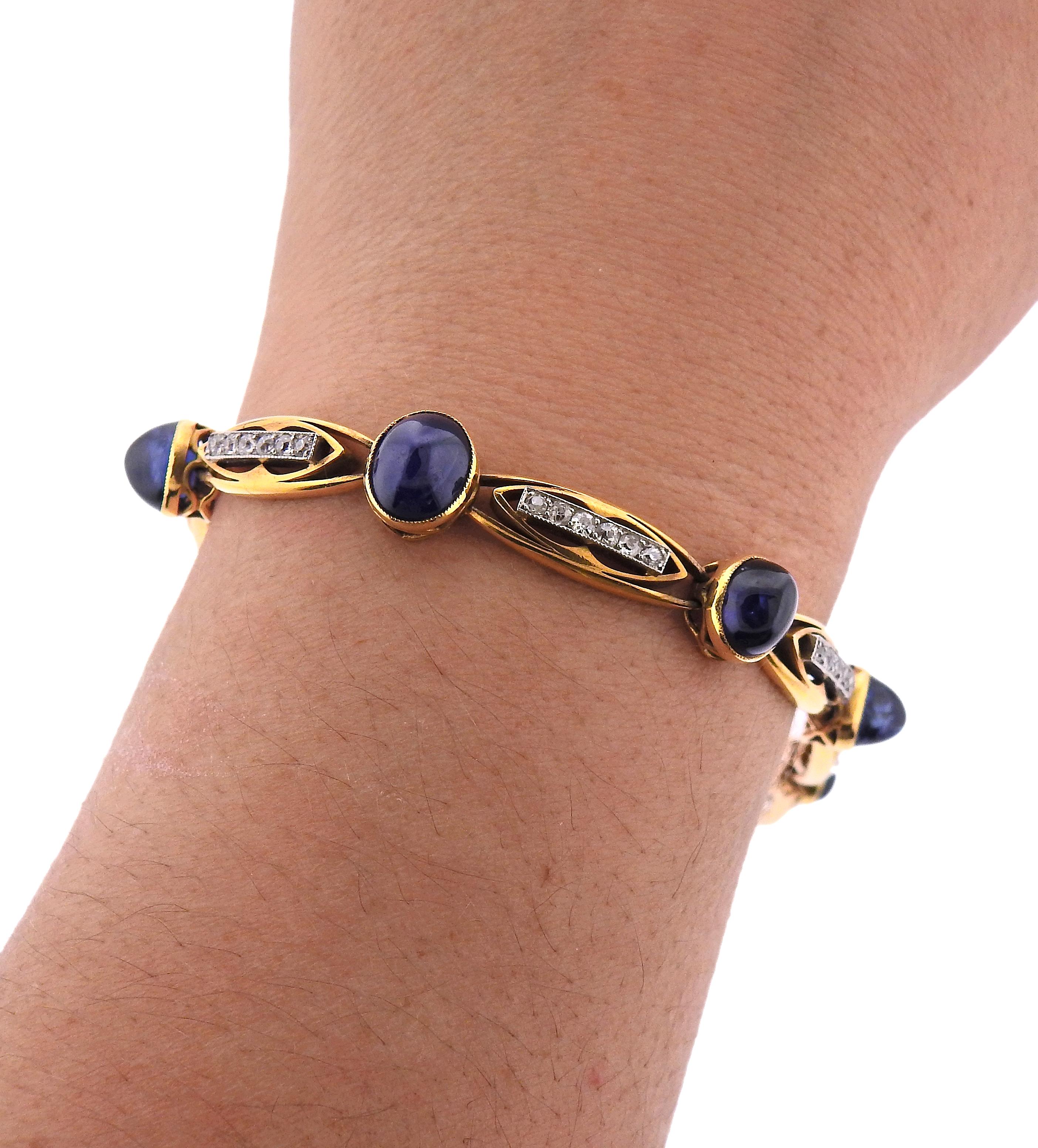 Women's French Antique Blue Sapphire Cabochon Diamond Gold Bracelet For Sale