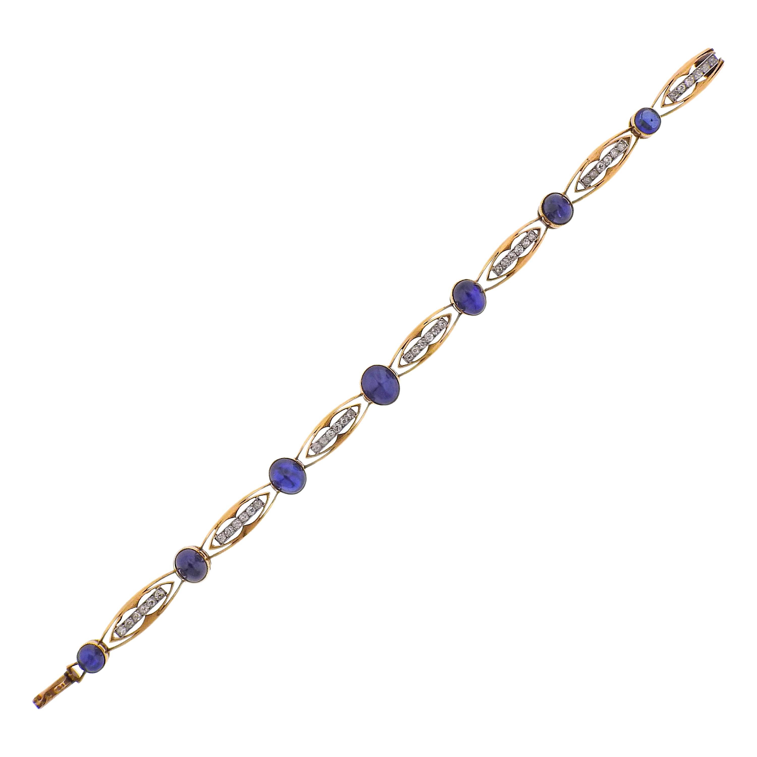 French Antique Blue Sapphire Cabochon Diamond Gold Bracelet For Sale