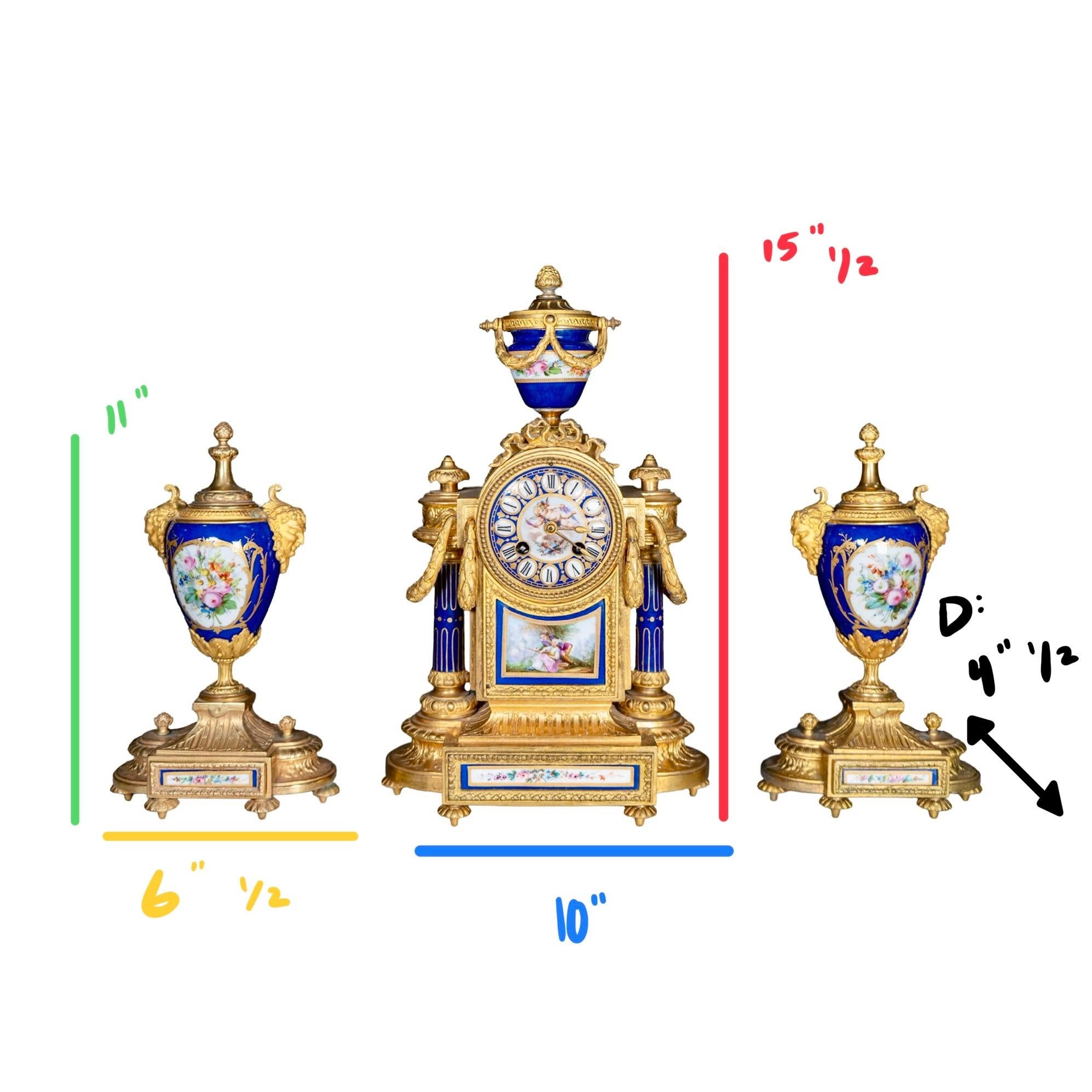 French Antique Bonze and Porcelain Garniture Clock Set For Sale 7