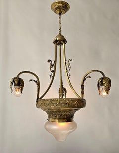 French Antique Brass Chandelier with Frosted Glass Bowl, ca. 1920