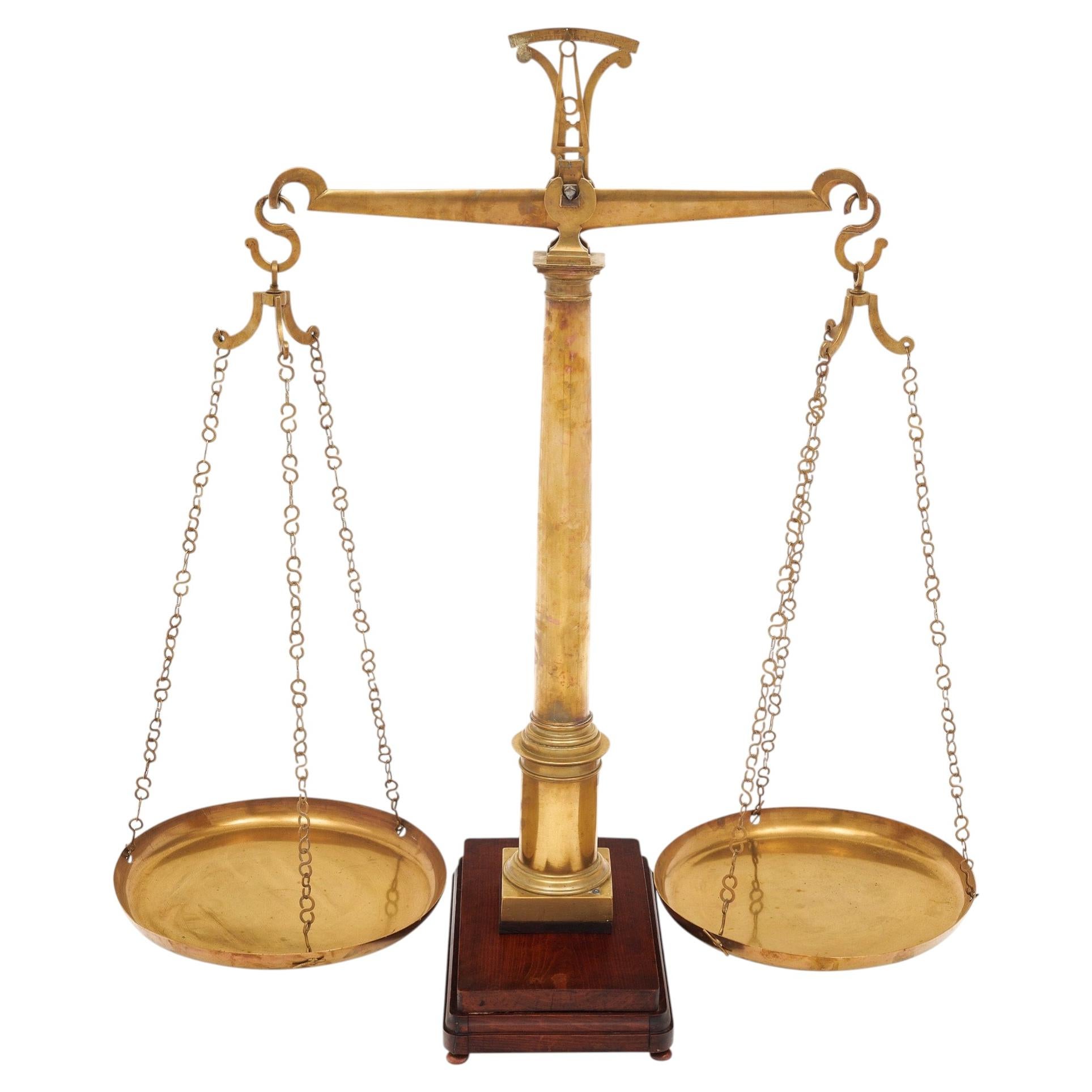 French Antique Brass Counter Scale with Wood Base, 1869