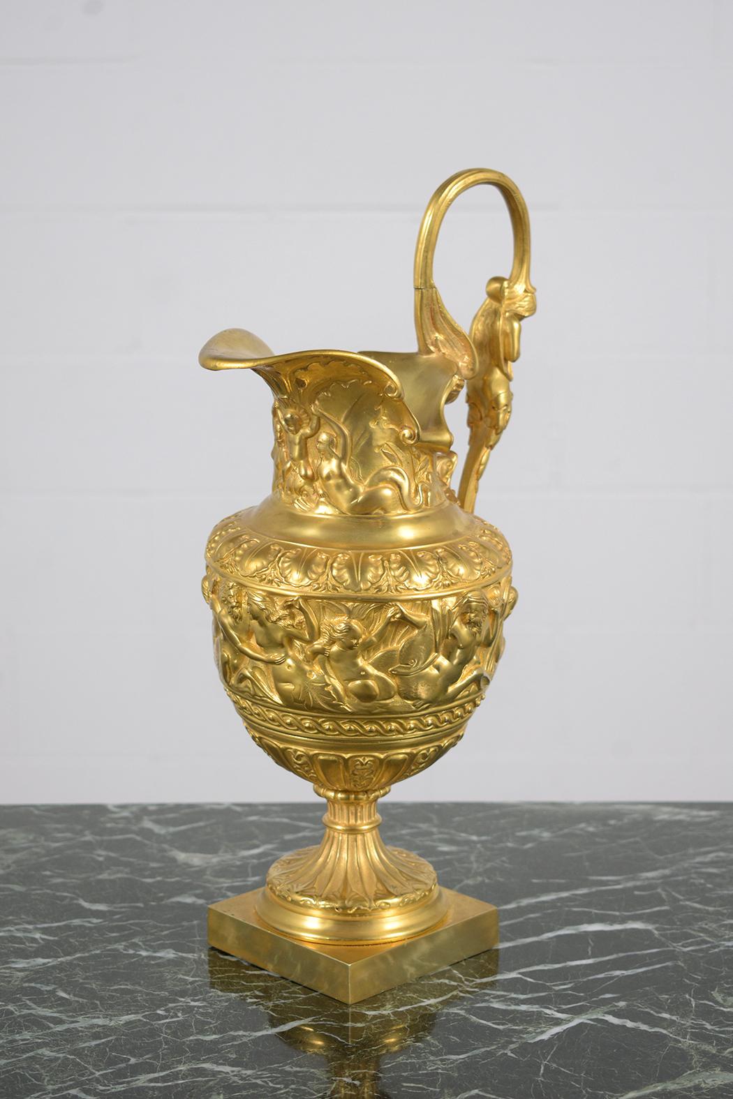 Elevate your space with this extraordinary antique French urn, preserved in excellent condition. Expertly crafted from bronze in the early 1900s, this unique piece features intricate carving motifs throughout, showcasing exquisite detail and