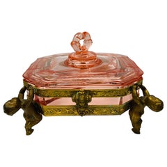 French Antique Bronze and Cut Glass Pink Decorative Jewellery Box
