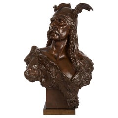 French Antique Bronze Bust Sculpture of Warrior Vercingetorix by Emile Laporte