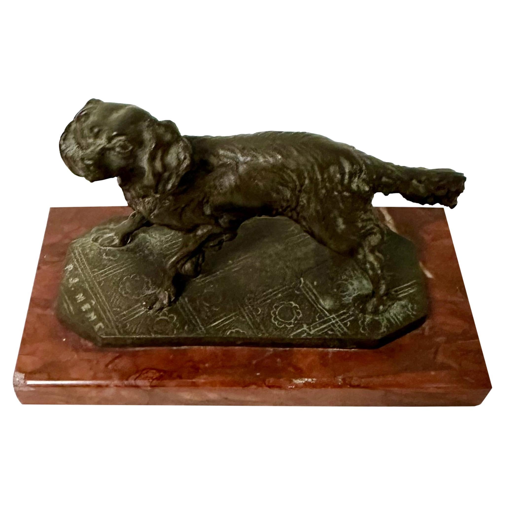 French Antique Bronze Dog Sculpture Signed