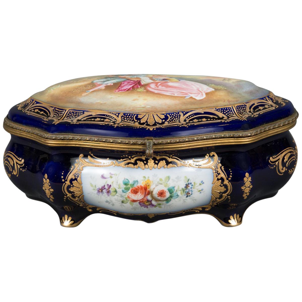 French Antique Bronze Mounted and Painted Sevres Style Cobalt Blue Accessory Box For Sale