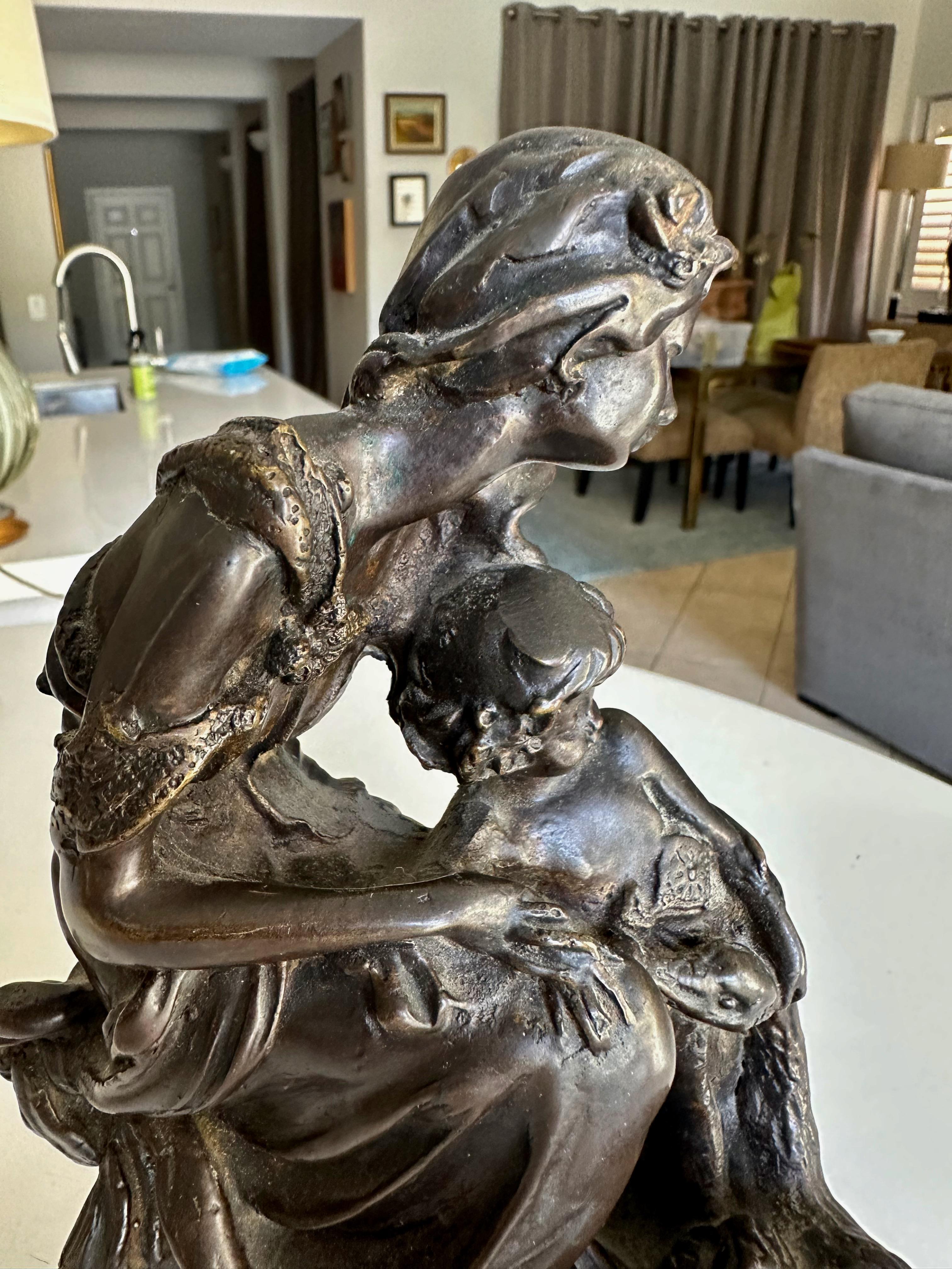 French Antique Bronze Neoclassic Women & Child Statue. For Sale 7