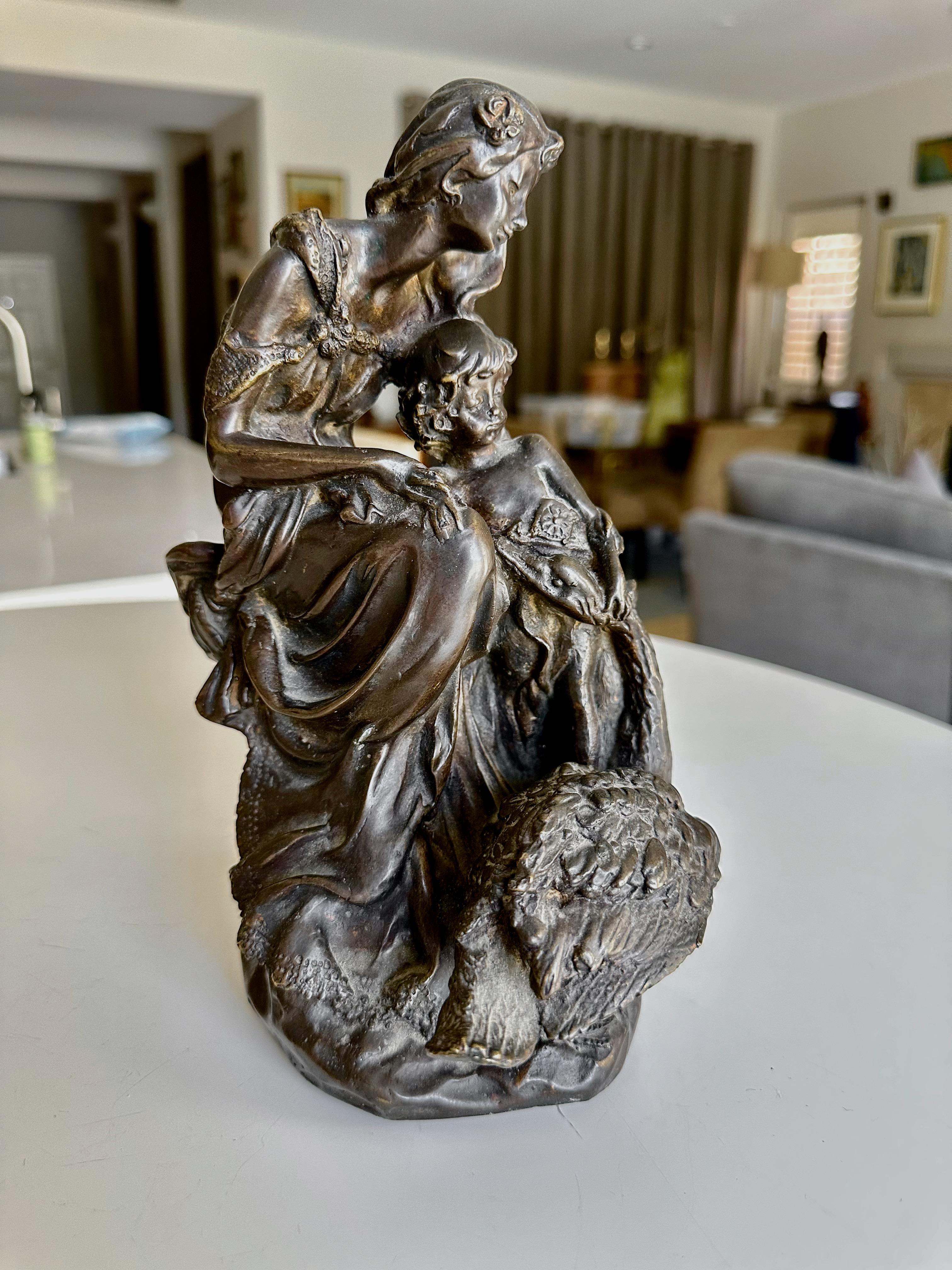 Patinated bronze neo classic style statue of young woman embracing her young child with goose at their feet looking up fondly. Late 19th century. Quality detailing throughout. Unsigned. 